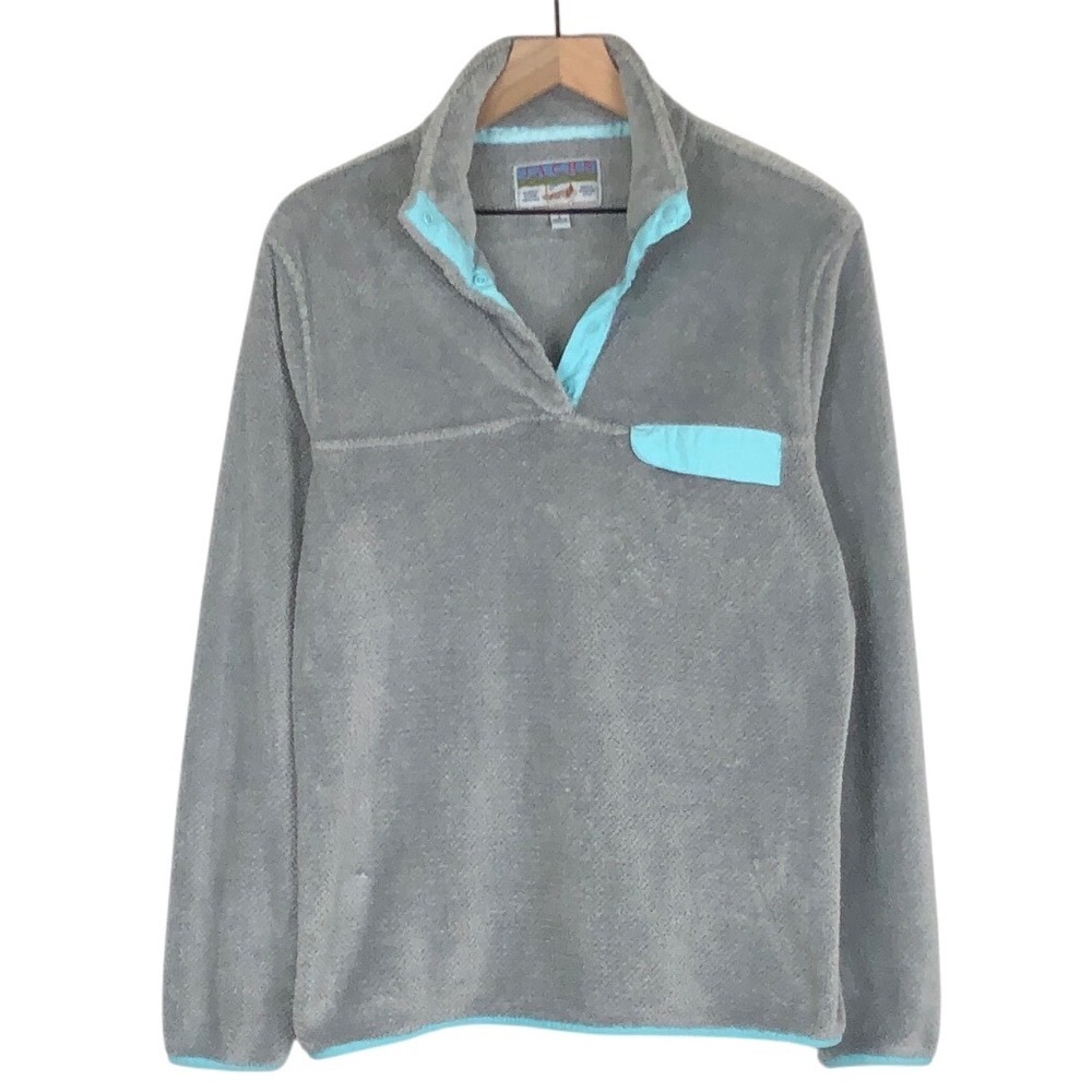 Jachs Cabin Fleece Pullover 1/4 Snap Mock Neck Sweater Unisex L Gray Turquoise